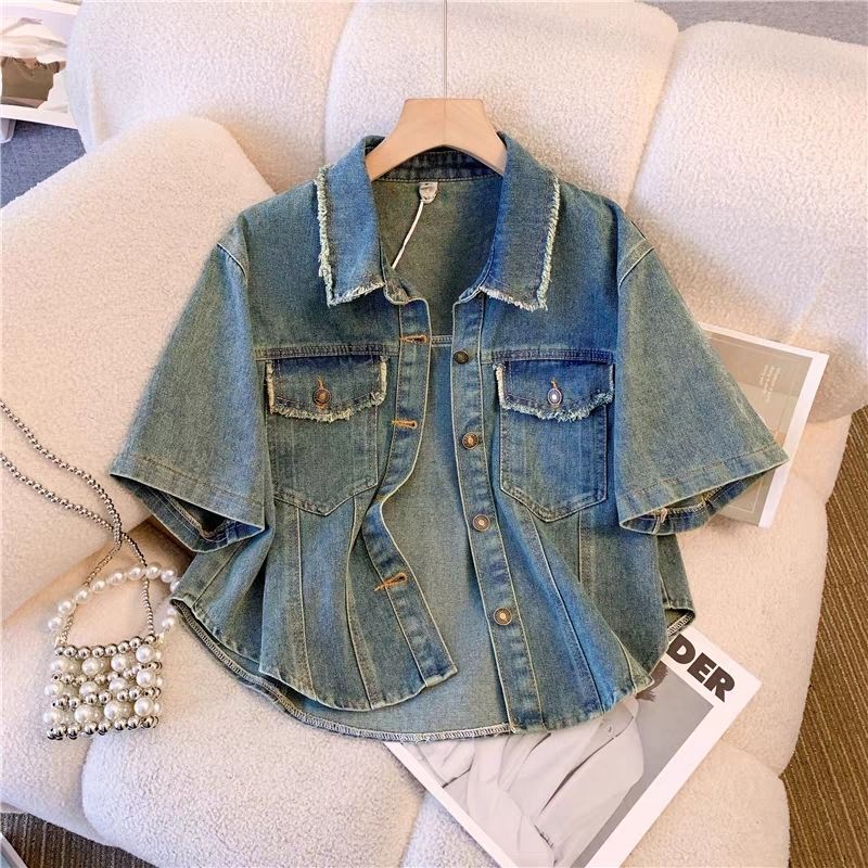 Short-sleeved Denim Coat Women's Summer Thin Small Long Dress New Retro Jacket Casual Top