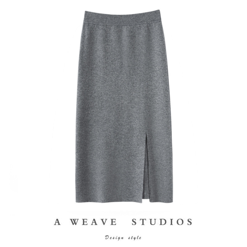 Cashmere Skirt for Women 2025 Autumn and Winter New Style Mid-Length High-Waisted Front Side Slit Skirt Knitted Warm Slimming Look Straight