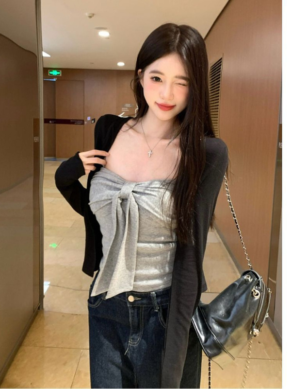 韩系黑色针织外套女早秋季2025新款开衫配抹胸吊带上衣套装|undefined