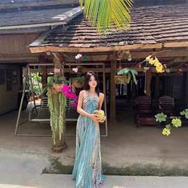 波西米亚度假连衣裙女夏季新款法式旅游拍照海边沙滩裙气质长裙子