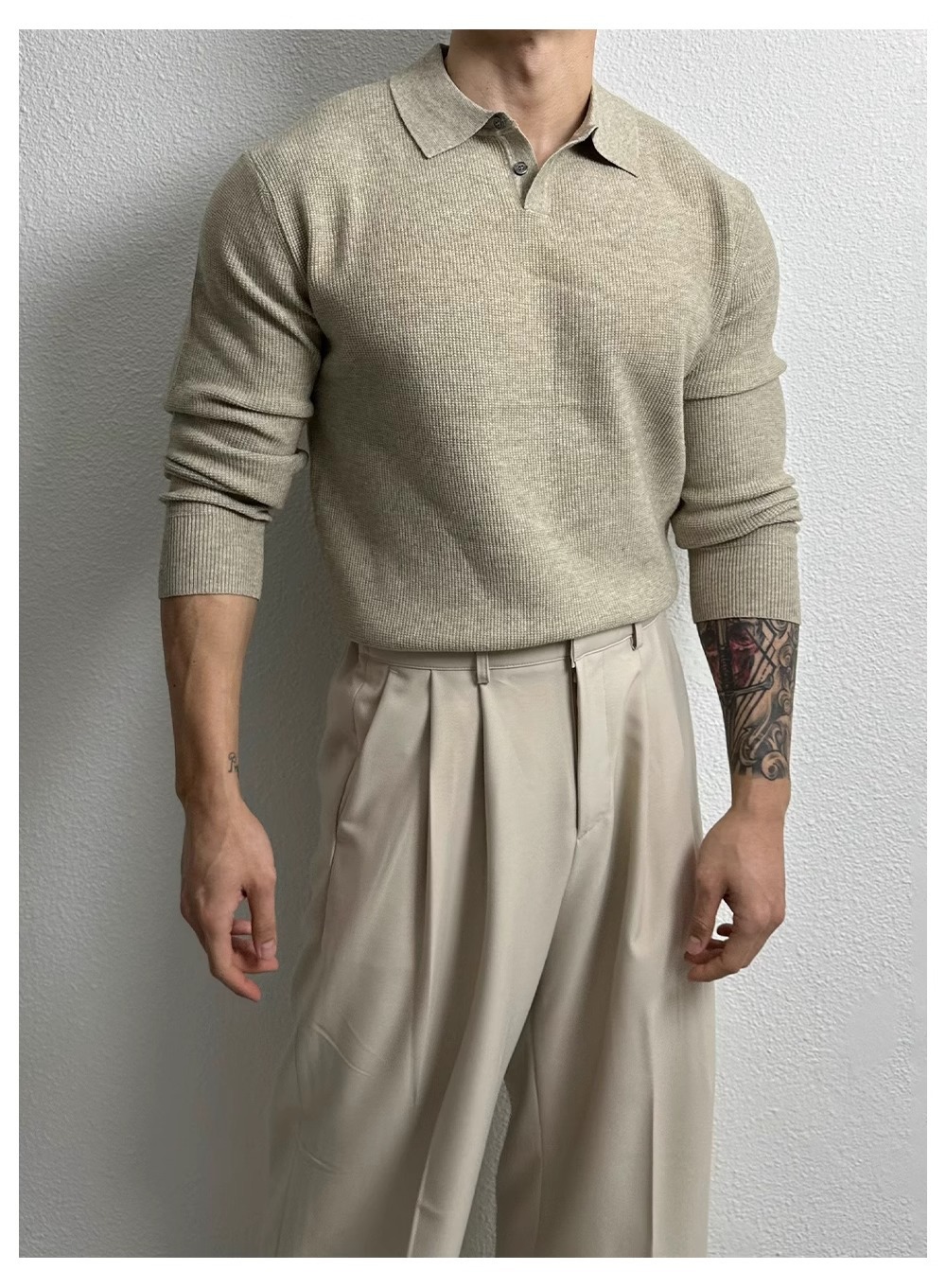 Oversized Polo Knit Sweater For Men – Business Casual Long Sleeve Pullover, Plus Size European Fit (Black/Beige/Gray)_viptrois.com
