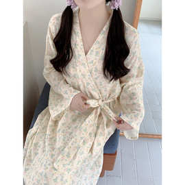 跨境专供外贸女士春秋新品韩版舒适双层纱花朵睡袍家居服睡衣浴袍