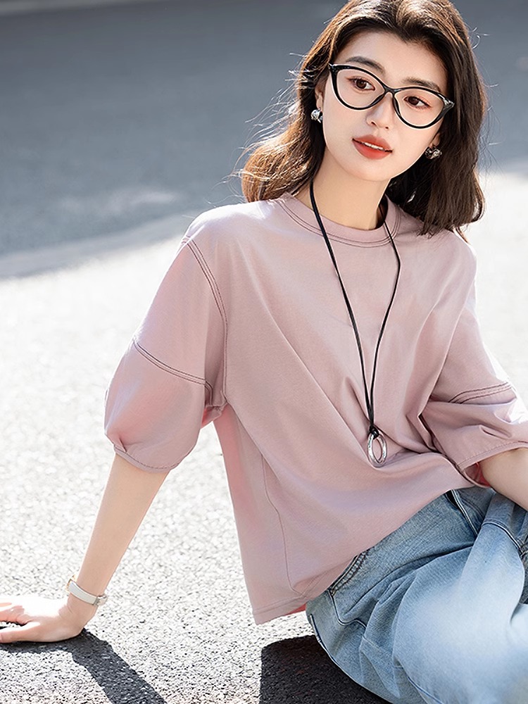 Áo thun nữ cổ tròn tay lỡ phồng nhẹ, thiết kế đèn lồng viền tương phản — Màu hồng