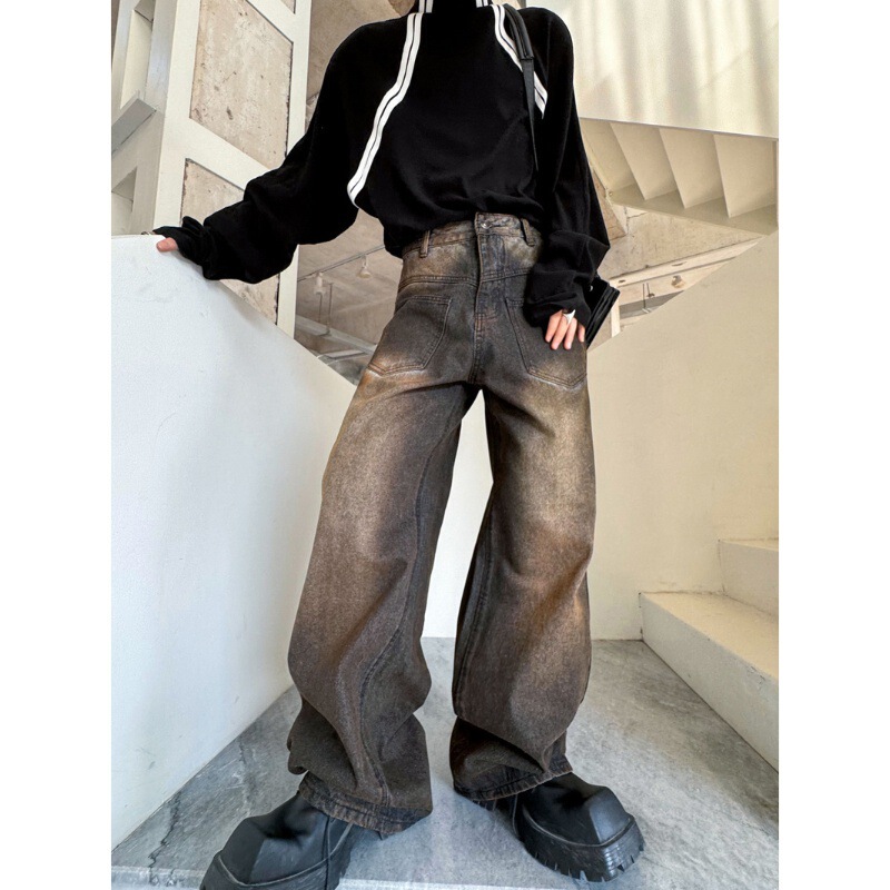 2024 spring vintage fried street bleaching paint old craft loose men's Denim trousers wide leg straight tube mopping the floor