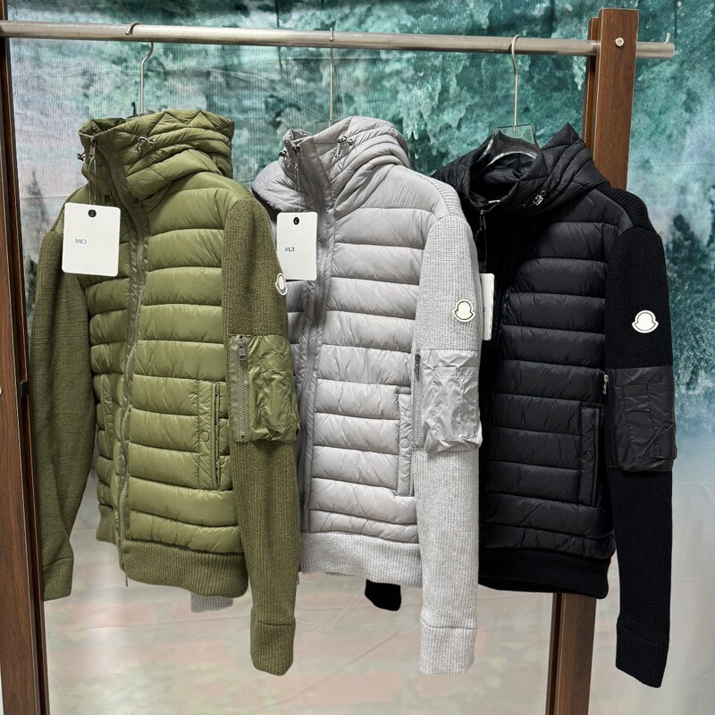M brand urban functional style knitted jacket with patchwork sleeves, horizontal stripe quilting, drawstring hood, street fashion commuter cotton coat