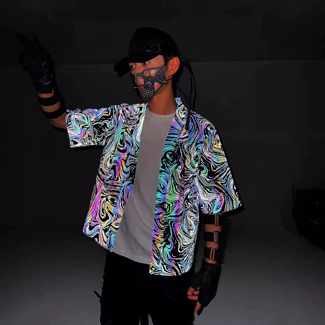 Красочный светоотражающие кардиган одеяния для мужчин и женщин с пятиточечными рукавами свободные кимоно пальто Японский ретро вязаный пиджак накидка