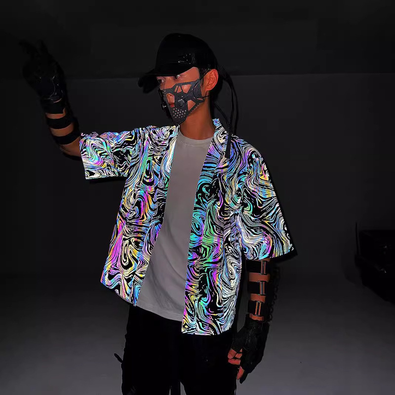 Colorful Reflective Cardigan Robe Men's and Women's Half Sleeve Loose Kimono Coat Japanese Style Retro Knitted Jacket Cloak Fashion