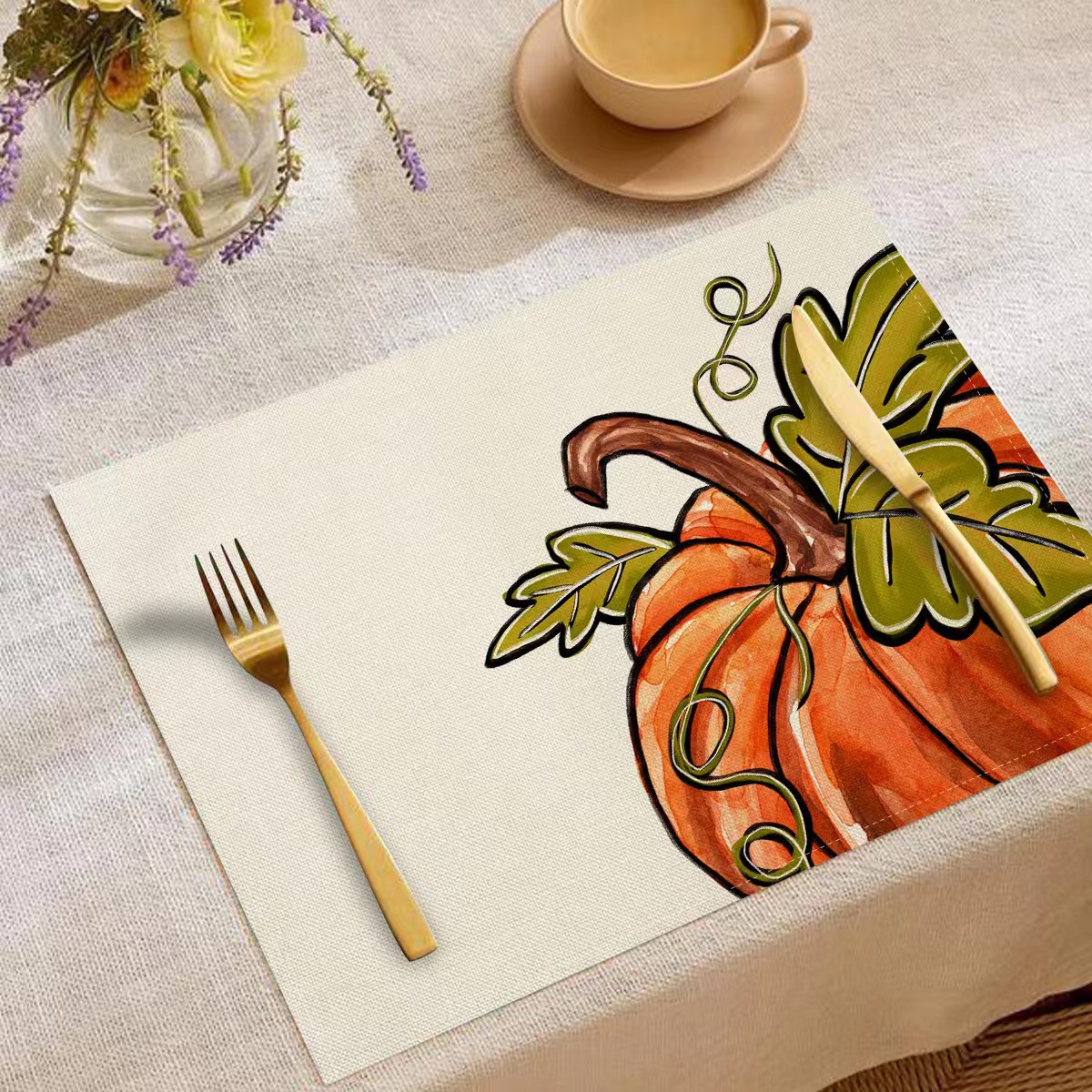 Transfronterizo temu explosión Día de Acción de Gracias otoño calabaza lino estampado conjunto lino estampado mesa de restaurante