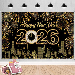 新しい屋外 2026 新年あけましておめでとうございますブラックゴールド花火パーティー装飾シーン雰囲気写真小道具バナー