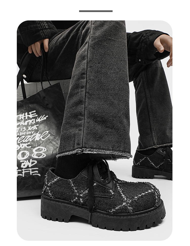 Baskets ShoeVault pour homme, collection automne, en toile noire délavée, semelle épaisse rehaussante, style derby décontracté._voghion.com