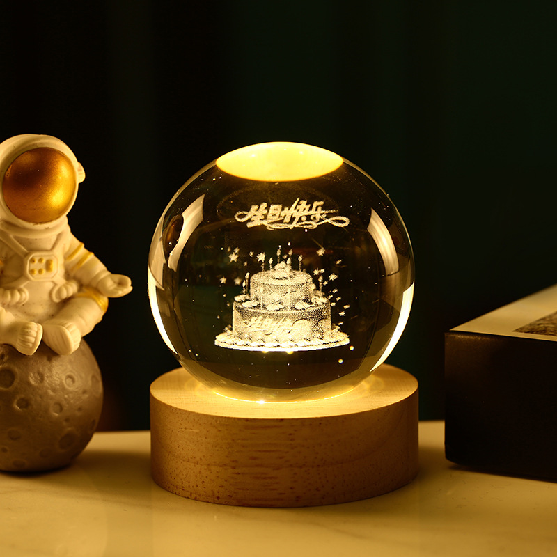 Bola de cristal 3D de la Vía Láctea — grabado interno luminoso con base de madera, luz nocturna decorativa creativa