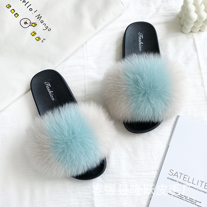 Amazon transfronterizo zapatillas de pelo de zorro real zapatillas de pelo de fondo plano zapatillas de pelo de mujer zapatillas de pelo de verano nuevas exportaciones