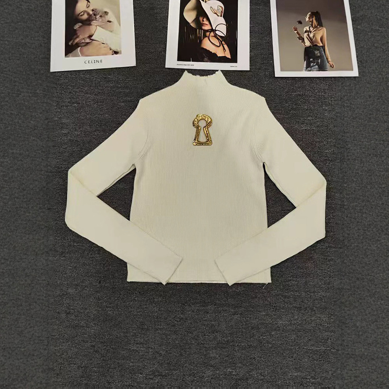 French-Style Metal Hollow-Out Stand Collar Pullover Slim-Fit Short Elastic Knit Sweater, New Autumn Outerwear, Inner Wear, Slimming Long Sleeves