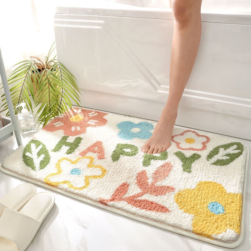 Modern Simple Bathroom Door Mat Small Fresh Household Toilet Water Absorbent Carpet High-low Flocking Foot Mat