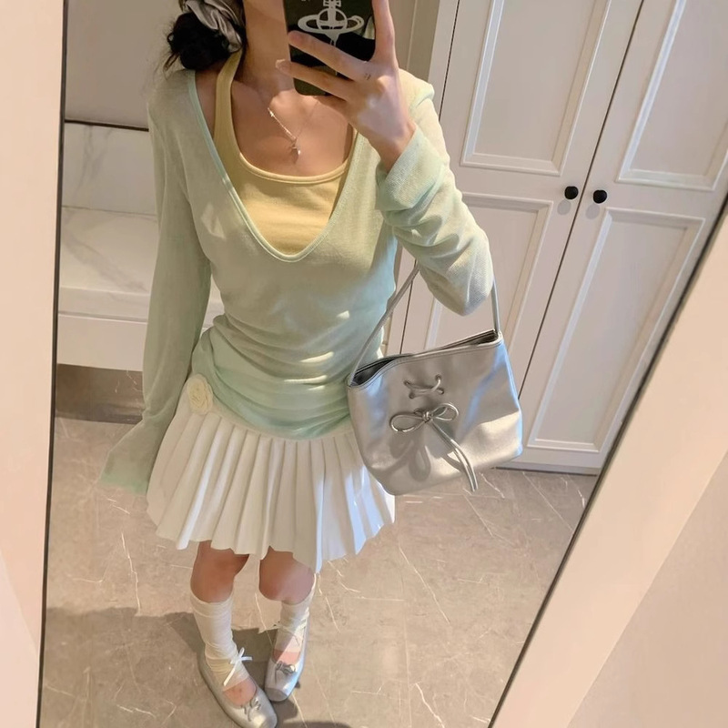 Pure Desire Style suit V-neck Thin Blouse T-shirt Women's Summer Niche Inner Hanging Neck Vest Top Fashionable Two-piece Set