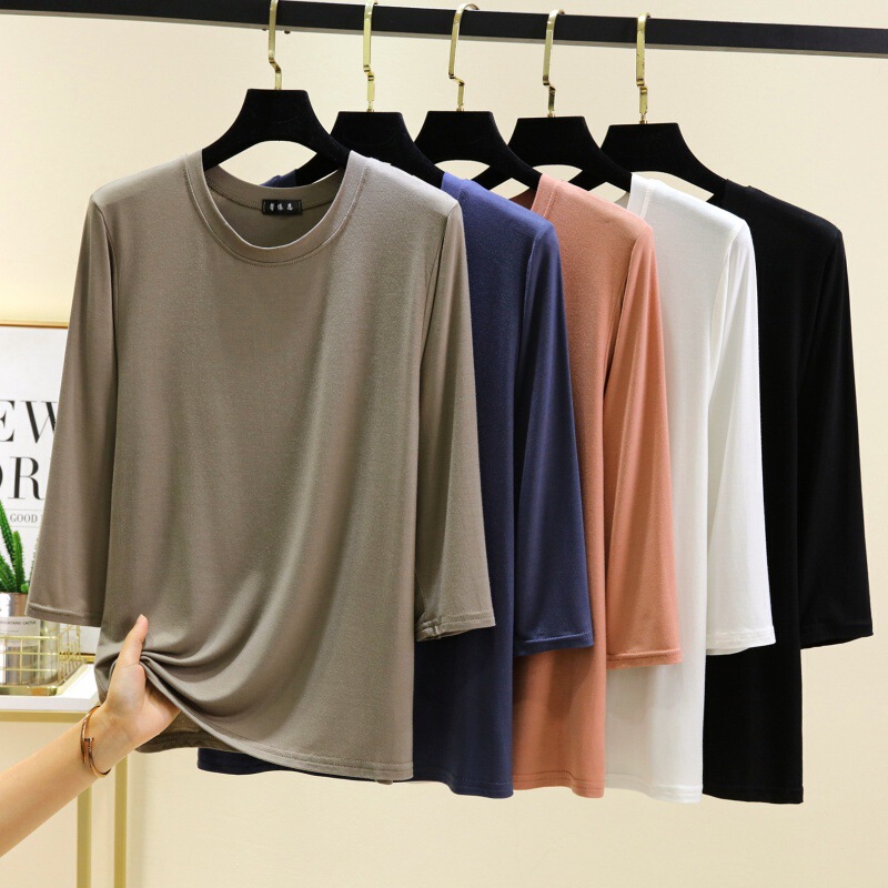 Early Spring Modal Three-Quarter Sleeve Round Neck Bottoming Shirt for Women Summer Loose T-Shirt Versatile Pure Color Large Size Slimming Look Top
