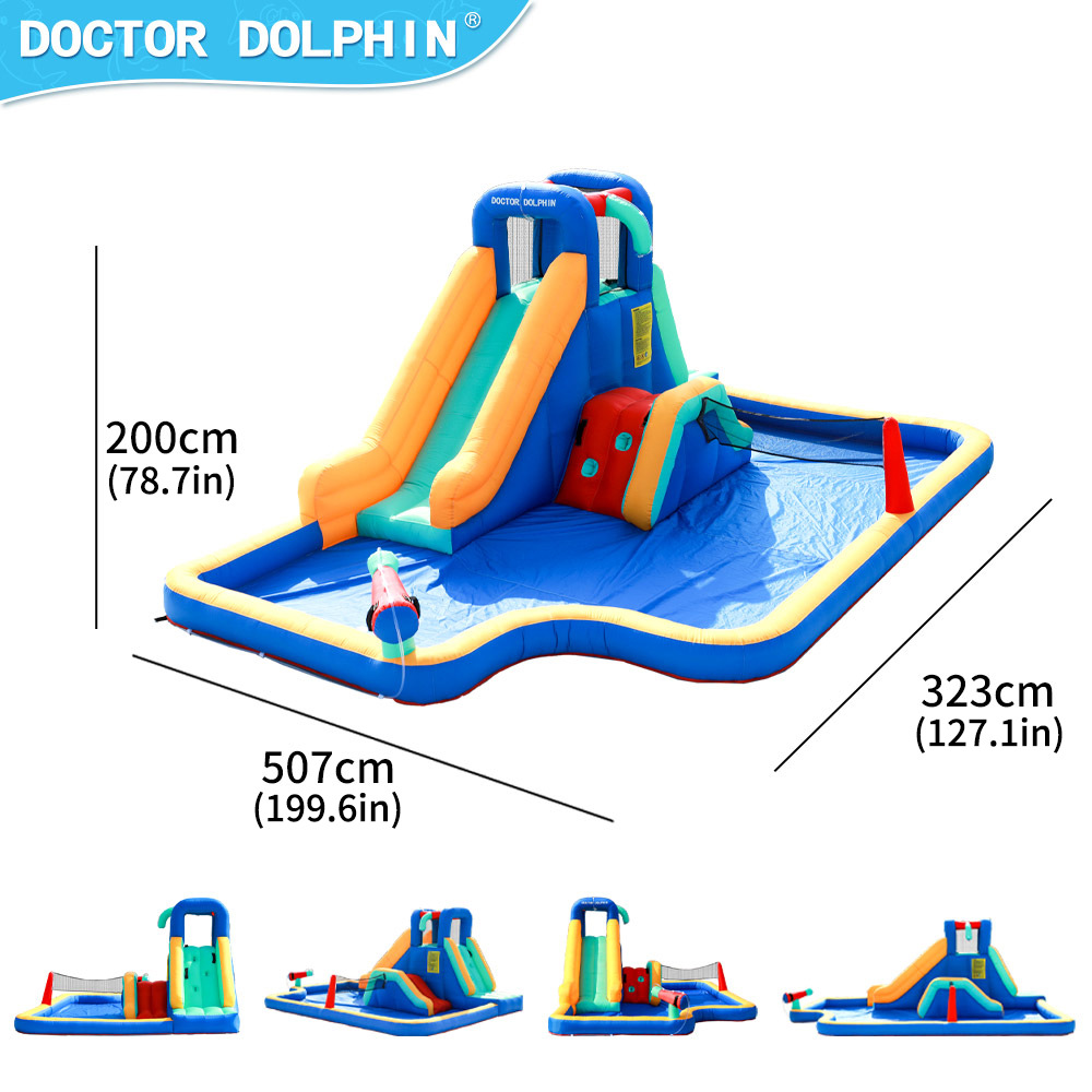 Castillo Inflable Doctor Dolphin, Castillo Acuático Inflable con Rociadores de Agua para Niños, Tobogán Inflable, Trampolín, Piscina Infantil, Venta al por Mayor