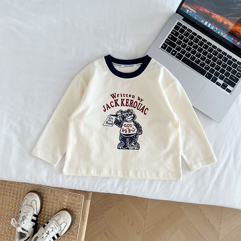 Fengzhigu 2023 otoño nueva ropa para niños de estilo coreano carta camiseta niños y niñas todo-fósforo de dibujos animados oso base