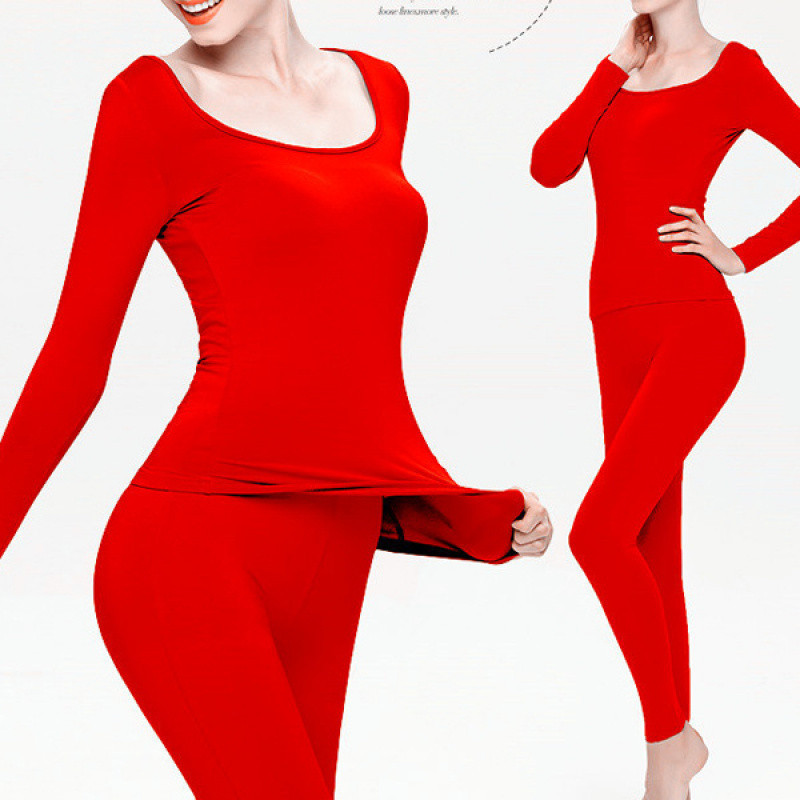 얇은 벨벳 로우 칼라, 살색 가을 옷과 가을 바지, 앞뒤 더블 U 큰 네크라인 바닥 셔츠를 입은 여성용 검은색 열 속옷 세트