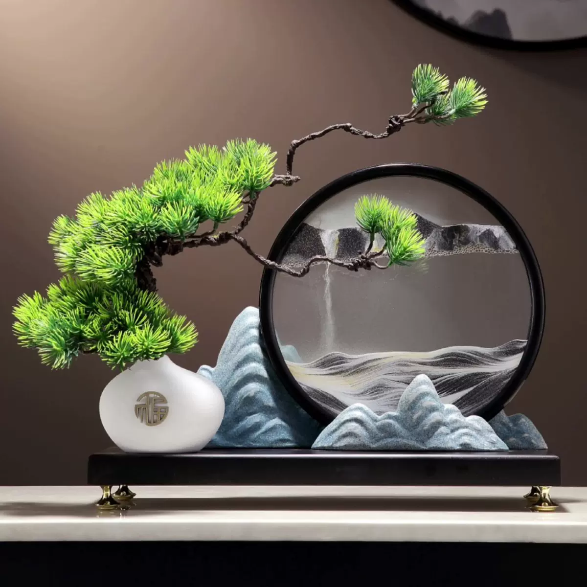 新中式流沙画摆件迎客松假山工艺品陶瓷装饰玄关客厅国潮风仿古