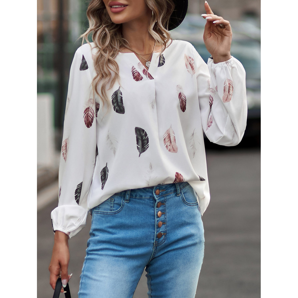 Elegant Feather V Neck Long Sleeve Regular Sleeve Printing Blouse