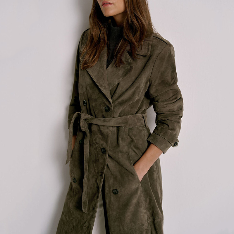Damen Trenchcoat In Wildlederoptik Mittellang Mit Gürtel Und Knopf_voghion.com