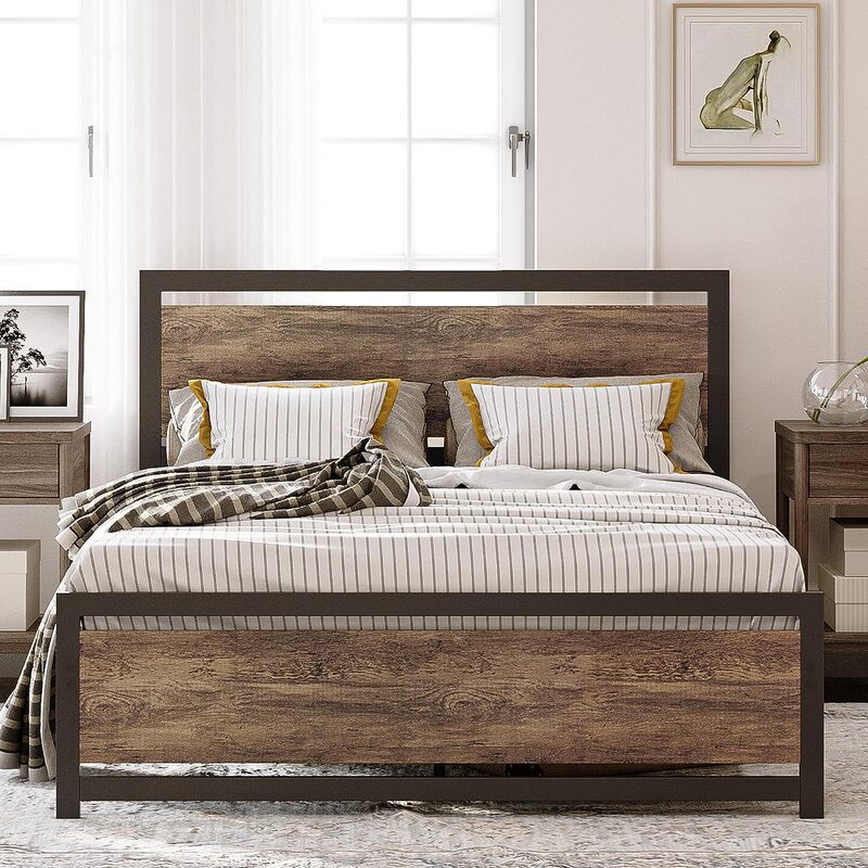 Queen Size Bed Frame, Platform Bed with Headboard and Queen Size Mattress under Bed Storage, Sturdy Easy to Assemble,