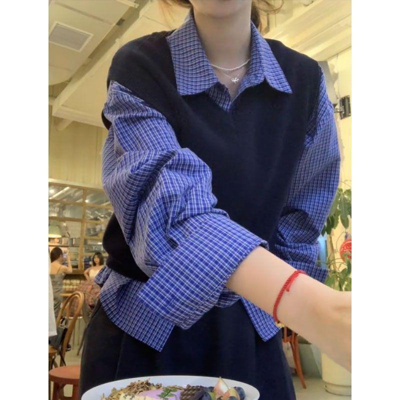 早秋新款韩版复古小众气质穿搭蓝色格子衬衫+针织马甲时尚两件套|undefined