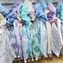 韩国新款珍珠发圈碎花蝴蝶结飘带韩版扎马尾头饰二元店货源批发