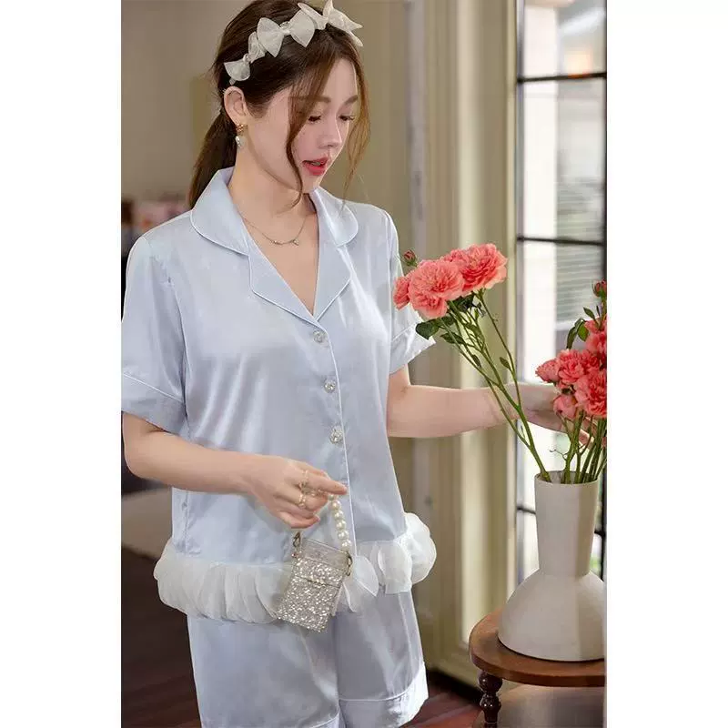 [Пелета] Женская пижама из ледяного шелка, летняя тонкая, милый стиль, костюм с короткими рукавами, элитная, можно носить вне дома.