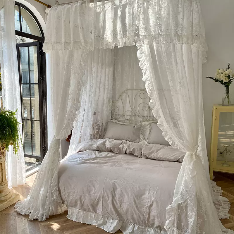 高端提花导轨蚊帐U型三开门落地加密床幔民宿法式公主风一件代发