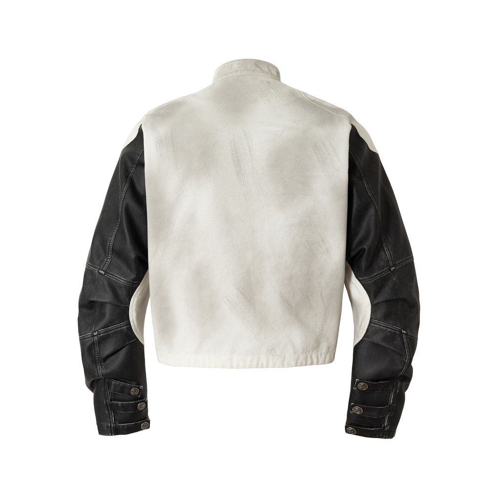 Veste de moto de course courte pour homme, style Death Style, col montant, effet peinture aérosol vieillie, patchwork déstructuré._voghion.com