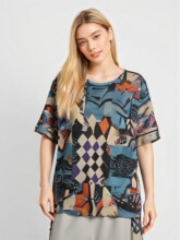 跨境春夏新款亚马逊女装上衣宽松圆领毛衣花朵印花短袖T恤女大码