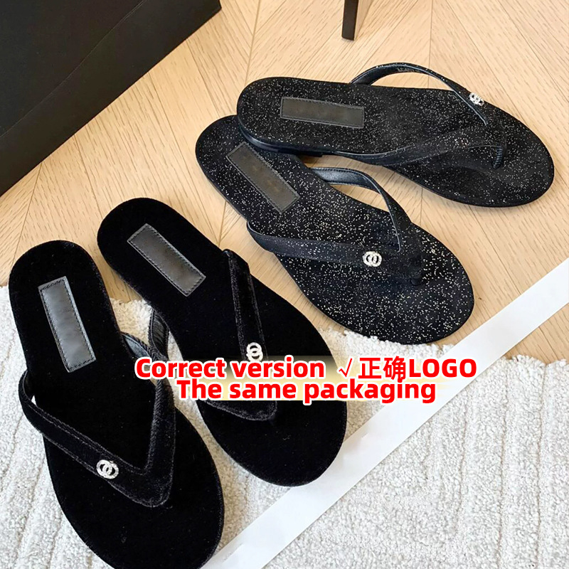 Cross-Border Foreign Trade Chanel-Style Rhinestone Velvet Flat Flip-Flops for Women, Black, Correct Size 26Cc, Thong Sandals