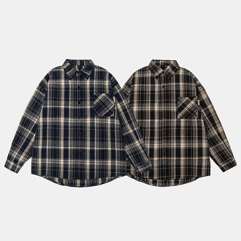 Ru Meng American Style Trendy Brand All-match Design Sense Plaid Workwear Men's and Women's Long Sleeve Shirt cityboy Simple Shirt