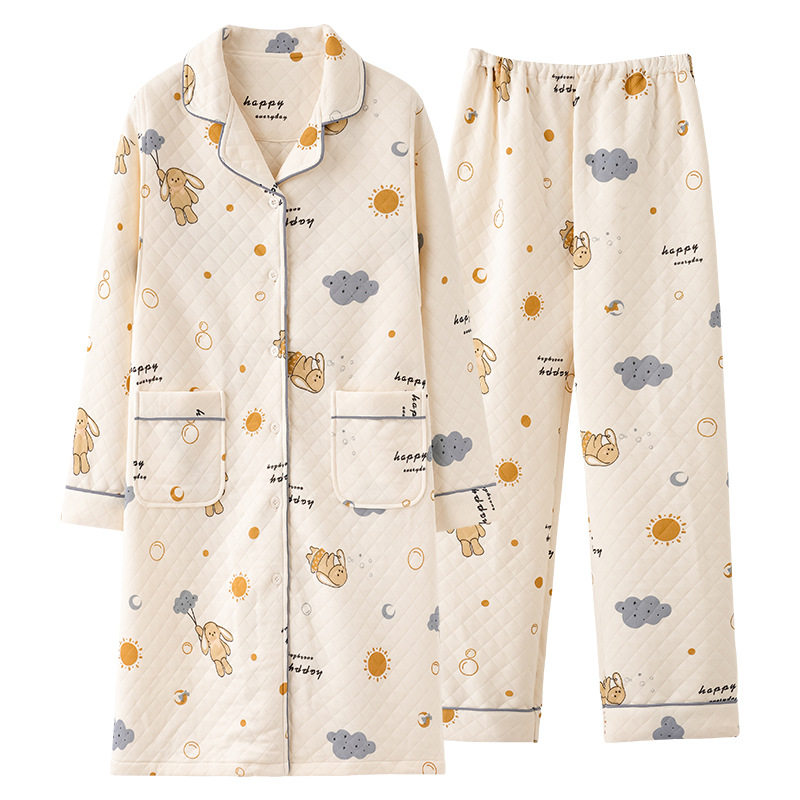 여성용 잠옷 봄, 가을 에어 레이어 퀼트 감금 ??의류 겨울 가운 가디건 산후 간호 의류 여성 가정복