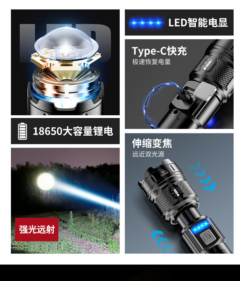 Led Special Forces Flashlight Strong Light USB Charging High Brightness Long Range Small Mini Portable Multi-Functional Household Durable Light