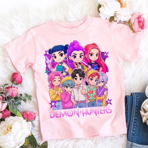 Kpop Demon Hunter T-shirt, children's cartoon anime meme print clothes, round collar basic boy's top casual