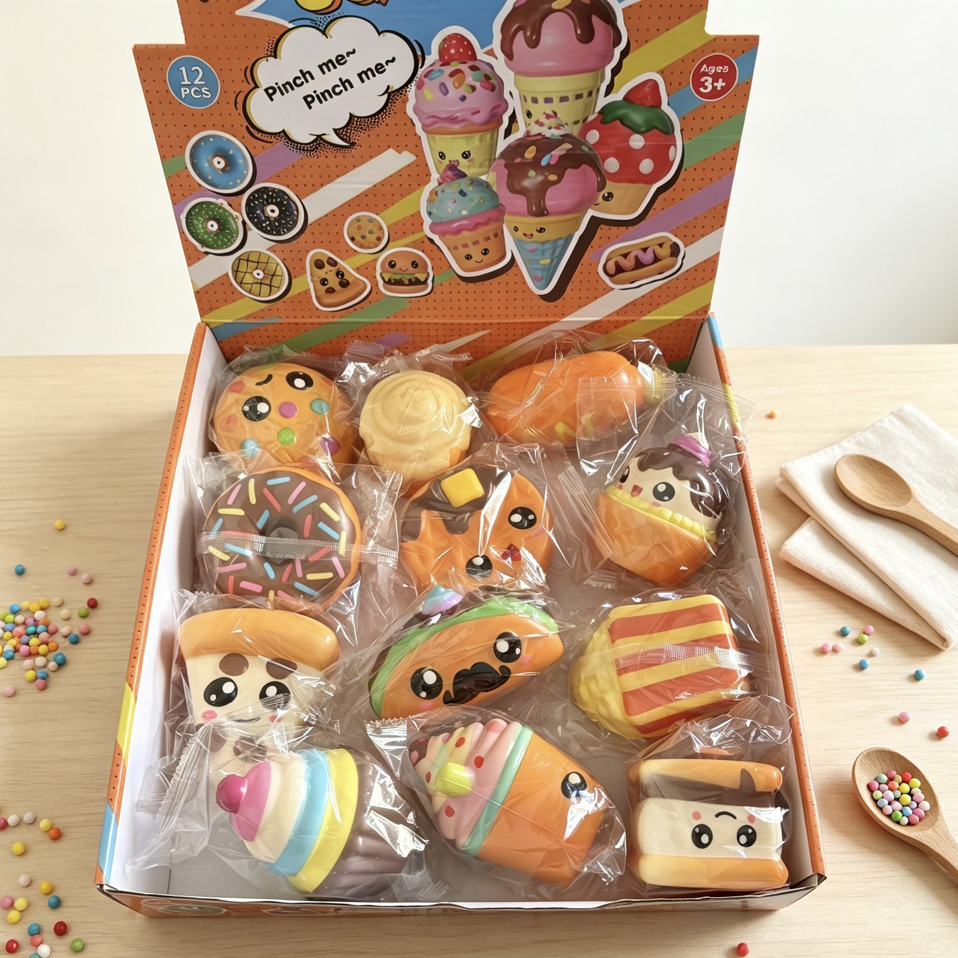 Nuevos productos de venta caliente simulación bocadillos hot dog donuts helado rebote lento pellizco de compresión juguete fábrica de cabello recto