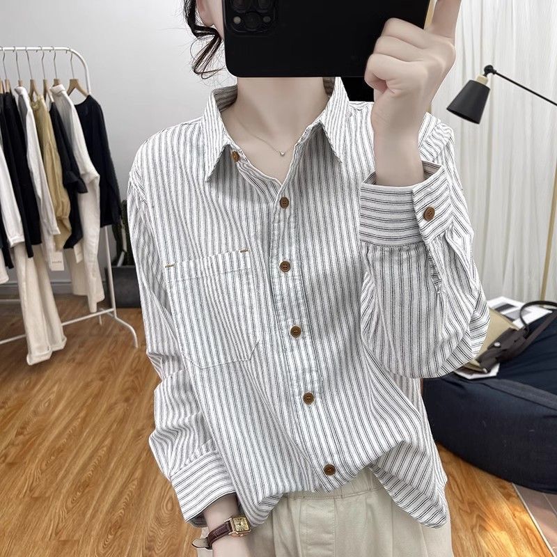 Long-Sleeved Korean Style Striped Shirt, Loose Spring and Autumn New Slim Cotton and Linen Shirt, Bottoming and Layering, Versatile Top for Women