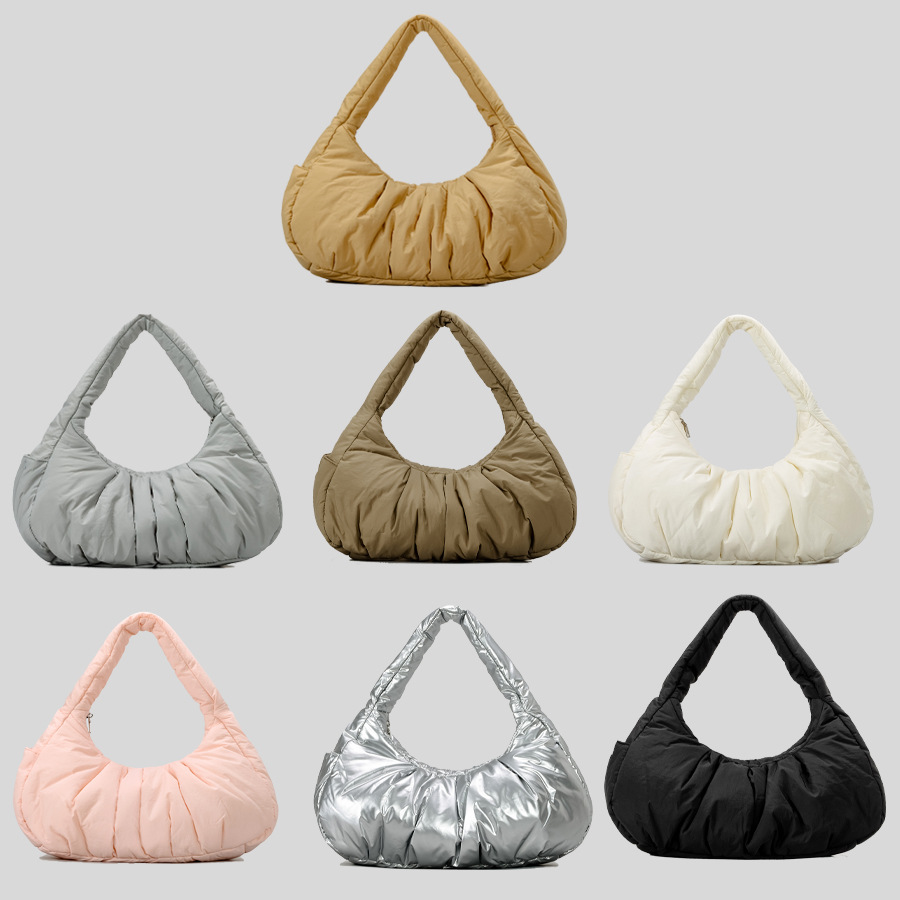 Shoulder Bag Women Padded Crescent Quilted Lightweight Nylon Handbag_voghion.com