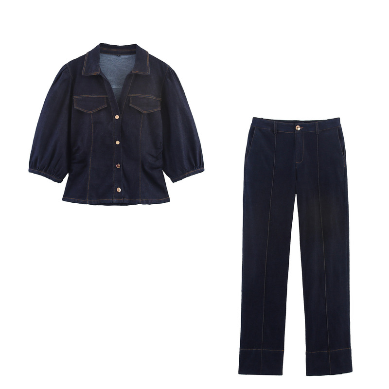 Cross-Border European and American Clothing Aliexpress Popular Slim Denim Puff Sleeve Shirt + Flared Jeans Suit