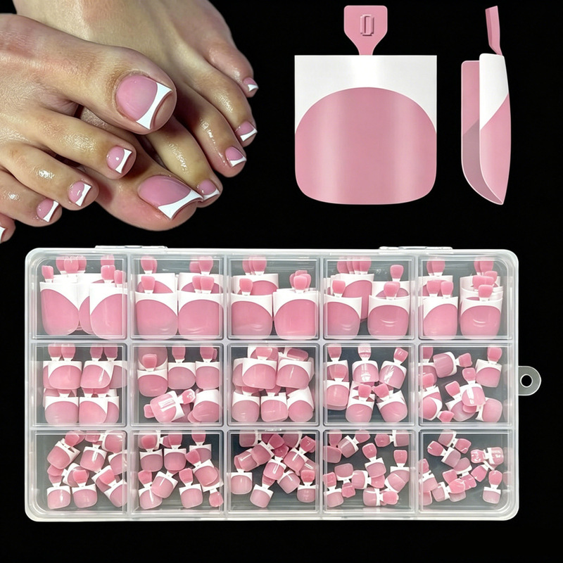 Cross-border best-selling French-style toe press-on nails, pink-white beveled edges, detachable nail pieces, available in sizes, 150 pieces in a box, finished product Cross-border best-selling French-style toe press-on nails, pink-white beveled edges, detachable nail pieces, available in sizes, 150 pieces in a box, finished product