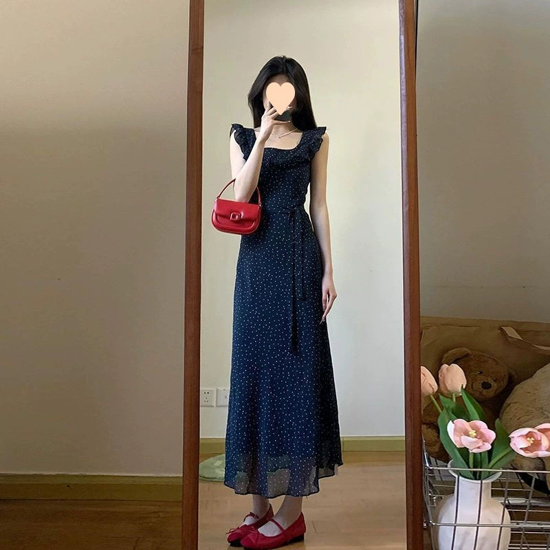 Синее маленькое платье в горошек с летящими рукавами для женщин, летняя чайная пауза, французская талия, утягивающая шифоновая длинная юбка с цветочным принтом на подтяжках