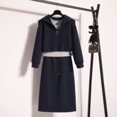 大码时尚秋季搭配一整套胖mm梨型显瘦学院风卫衣半身裙三件套装裙