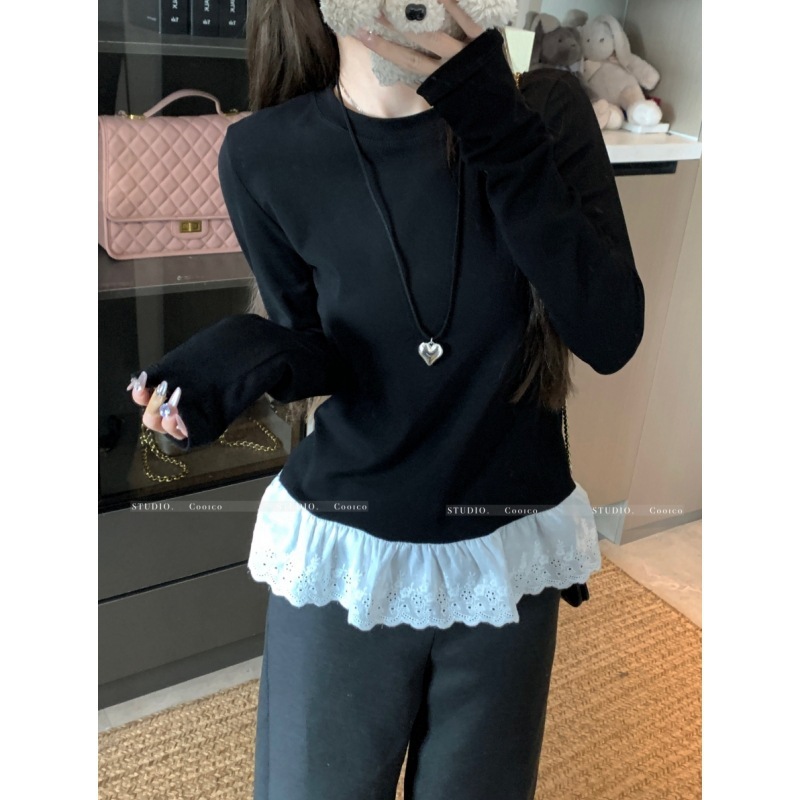 别致下摆蕾丝花边长袖t恤女秋季韩系chic内搭叠穿设计感打底上衣|undefined