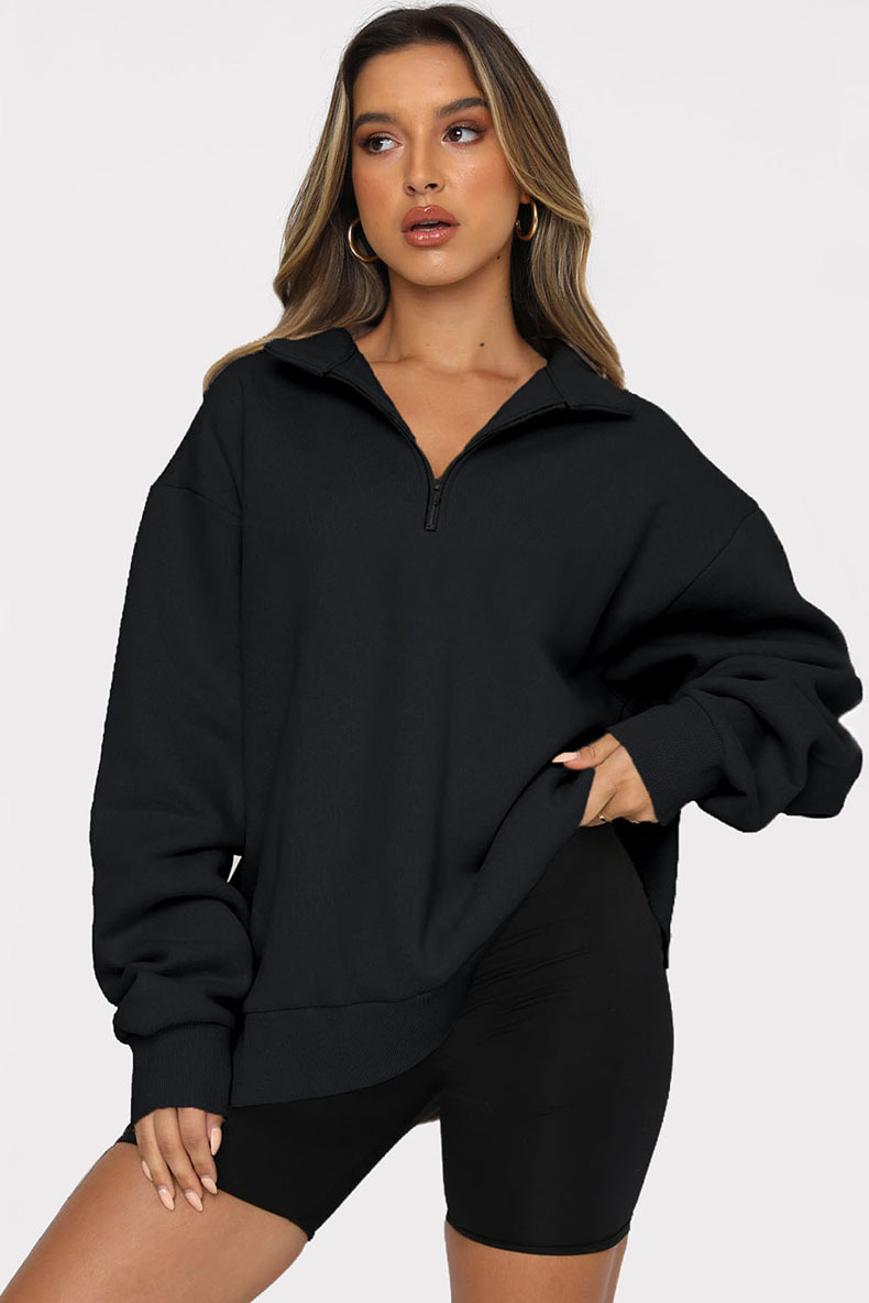 Zipper Collared Solid Color Loose Sweatshirt in Hoodies & Sweatshirts