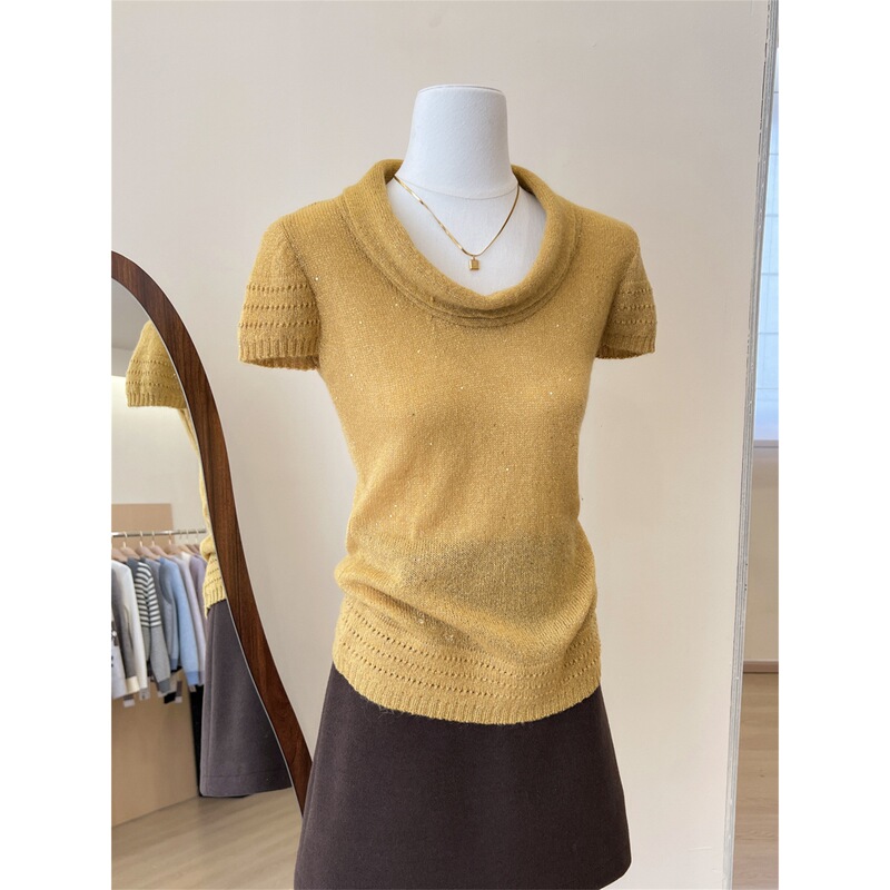 Mohair Washed Orange Fine Glitter Pile Collar Short-Sleeve Sweater for Women, Slim Fit Inner Knit Top Mohair Washed Orange Fine Glitter Pile Collar Short-Sleeve Sweater for Women, Slim Fit Inner Knit Top
