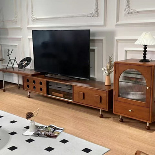 New Mid-Century Style Retractable Tv Cabinet Small Apartment Solid Wood Storage Cabinet Combination French Retro Living Room Home Floor Cabinet