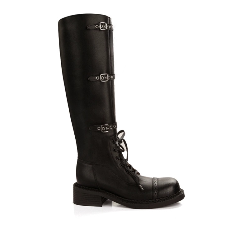 Nuevas botas de montar de otoño e invierno para mujer, estilo motociclista Miu, con hebilla de cuero a la moda, tacón grueso retro y caña media-alta.